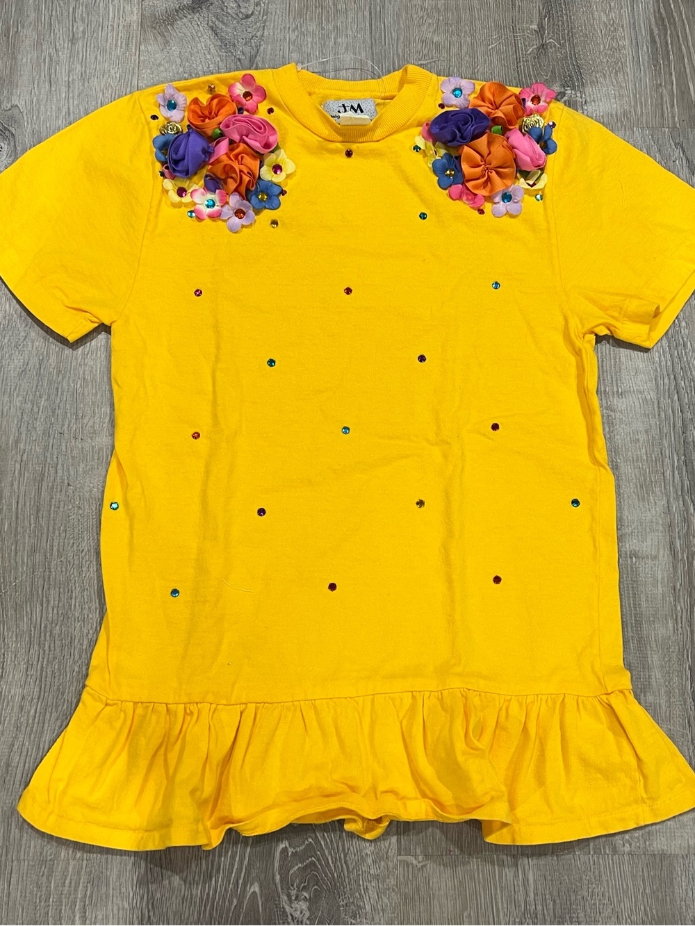 Vintage JM Originals Yellow Floral Embellished Ruffle Tunic L NWOT